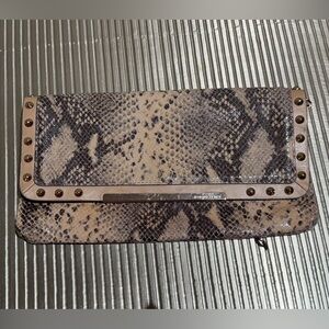 BCBG Maxazria Snake-Print Foldover Leather Clutch in Beige and Brown